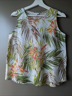 100%Linen J.Jill Tank Top White Tropical Print Medium Coastal Grandmother Resort